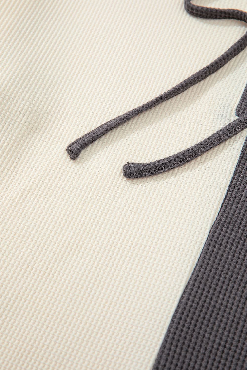 Dark Grey Waffle Colorblock Buttons Placket Drop Shoulder Drawstring Hoodie - Love Salve